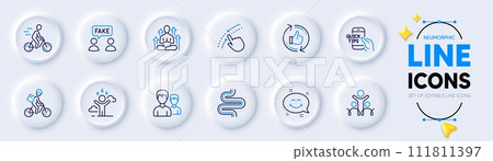 Swipe up, Delivery bike and Fake information line icons for web app. Pack of Yoga, Intestine, Couple pictogram icons. Education, Difficult stress, Smile chat signs. Cyclist, Inclusion. Vector 111811397