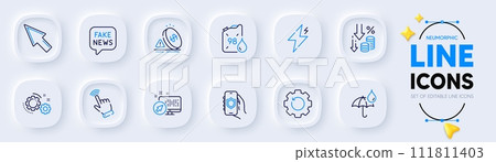 Fake news, Inflation and Mouse cursor line icons for web app. Pack of Web system, Petrol canister, Gears pictogram icons. Waterproof umbrella, Power, Deflation signs. Recovery gear. Vector Fake news, Inflation and Mouse cursor line icons for web app. Pack of Web system, Petrol canister, Gears pictogram icons. Waterproof umbrella, Power, Deflation signs. Recovery gear. Vector 111811403