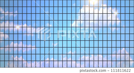 A high-rise building mirror front reflects the sun glare and the clouded sky 111811622