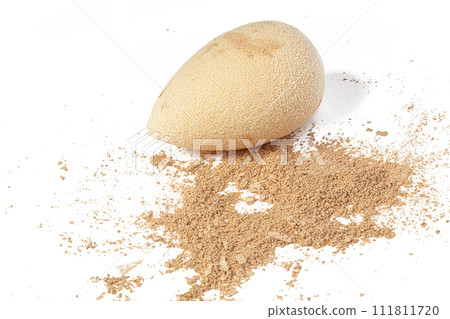 Cosmetic sponge with powder isolated on a white background. Loose makeup base. Cosmetic sponge with powder isolated on a white background. Loose makeup base. 111811720