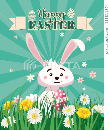 Happy Easter poster eggs hunt, white cute bunny with color eggs 111811804