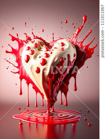 White chocolate heart melting. Creamy red liquid dripping, oozing, splashing from it. Valentine's day concept. Ai generative 111811867