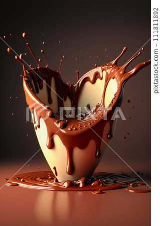 Cup of melting, drizzling, splashing hot chocolate in a shape of a heart. Generative Ai 111811892