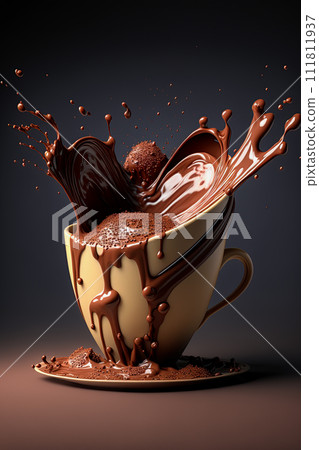 Cup of melting, drizzling, splashing hot brown chocolate. Ai generative 111811937