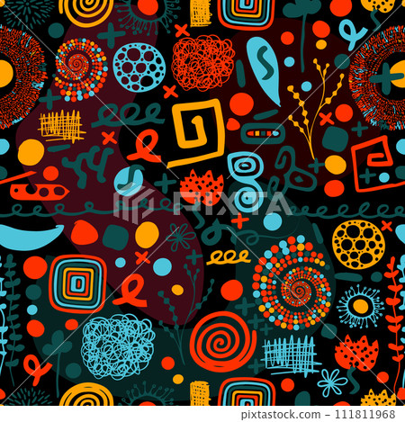 Seamless trendy pattern on a black background of colored different elements. hand drawing. Not AI, Vector illustration 111811968