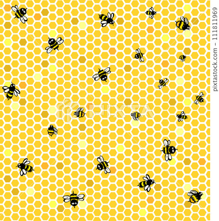 Honeycomb seamless pattern with bees. hand drawing. Not AI, Vector illustration Honeycomb seamless pattern with bees. hand drawing. Not AI, Vector illustration 111811969
