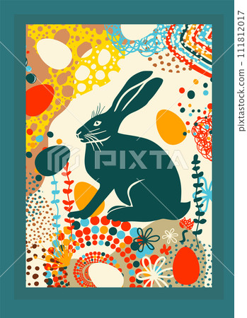 Easter bunny poster. Postcard Happy Easter . hand drawing. Not AI. Vector illustration 111812017