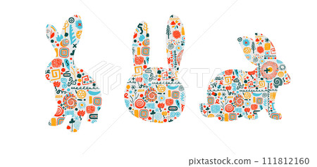 Easter card with bunny. Set of abstract rabbits. Postcard Happy Easter . hand drawing. Not AI. Vector illustration 111812160