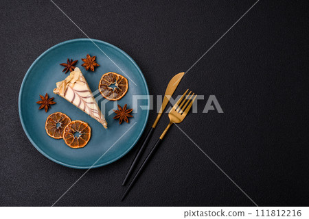 Piece of delicious sweet esterhazy cake with nuts and cream Piece of delicious sweet esterhazy cake with nuts and cream 111812216