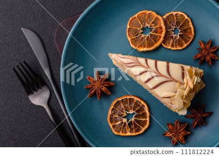 Piece of delicious sweet esterhazy cake with nuts and cream 111812224