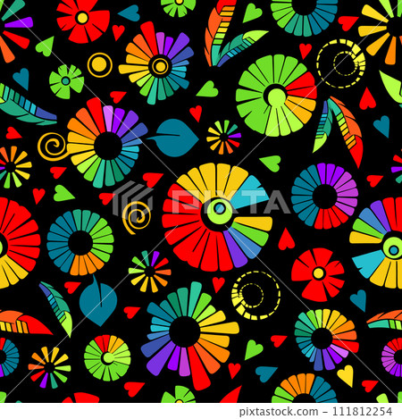 Seamless black background with rainbow elements and simple flowers hand drawing. Not AI, Vector illustration 111812254