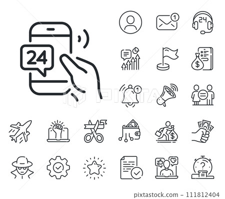 Call support sign. Salaryman, gender equality and alert bell outline icons. 24 hour service line icon. Feedback chat symbol. 24h service line sign. Spy or profile placeholder icon. Vector Call support sign. Salaryman, gender equality and alert bell outline icons. 24 hour service line icon. Feedback chat symbol. 24h service line sign. Spy or profile placeholder icon. Vector 111812404