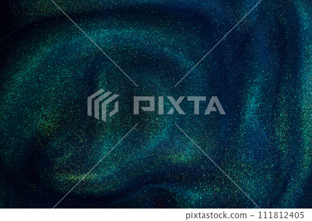 Abstract magic blue background with golden sparkles. Photo of a blue liquid with gold glitters and green tints. Various shades of green and blue with golden splashes and flows. Abstract magic blue background with golden sparkles. Photo of a blue liquid with gold glitters and green tints. Various shades of green and blue with golden splashes and flows. 111812405