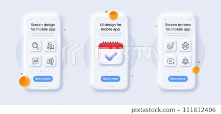 Chemistry lab, Ethics and Search line icons pack. 3d phone mockups with calendar. Glass smartphone screen. Accounting report, Chat, Search employee web icon. Vector Chemistry lab, Ethics and Search line icons pack. 3d phone mockups with calendar. Glass smartphone screen. Accounting report, Chat, Search employee web icon. Vector 111812406
