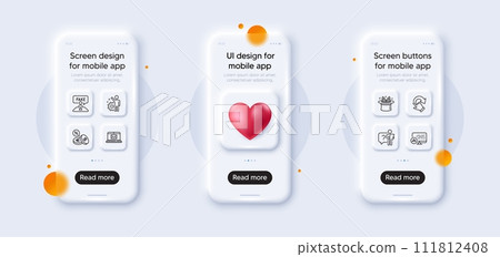Employee, Search employee and Rotation gesture line icons pack. 3d phone mockups with heart. Glass smartphone screen. E-mail, Hat-trick, Report statistics web icon. Vector 111812408