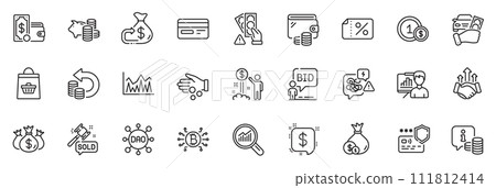 Icons pack as Wallet money, Wallet and Income money line icons for app include Stress, Usd coins, Presentation board outline thin icon web set. Cash back, Auction, Auction hammer pictogram. Vector 111812414