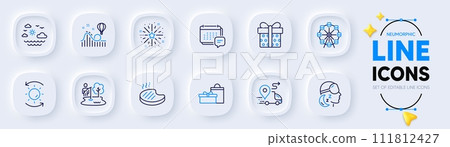 Travel sea, Grilled steak and Gift box line icons for web app. Pack of Ferris wheel, Fireworks explosion, Gifts pictogram icons. Message, Insomnia, Roller coaster signs. Delivery. Vector 111812427