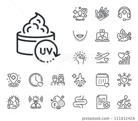 Skin care sign. Online doctor, patient and medicine outline icons. Uv protection cream line icon. Cosmetic lotion symbol. Uv protection line sign. Veins, nerves and cosmetic procedure icon. Vector 111812428