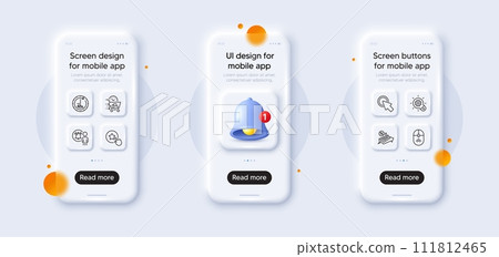 48 hours, Food delivery and User notification line icons pack. 3d phone mockups with bell alert. Glass smartphone screen. Swipe up, Click here, Cogwheel web icon. Vector 48 hours, Food delivery and User notification line icons pack. 3d phone mockups with bell alert. Glass smartphone screen. Swipe up, Click here, Cogwheel web icon. Vector 111812465