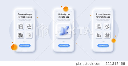 Floor plan, Tea cup and Package size line icons pack. 3d phone mockups with cursor. Glass smartphone screen. Armchair, Teapot, Night mattress web icon. Square meter, Open door pictogram. Vector Floor plan, Tea cup and Package size line icons pack. 3d phone mockups with cursor. Glass smartphone screen. Armchair, Teapot, Night mattress web icon. Square meter, Open door pictogram. Vector 111812466