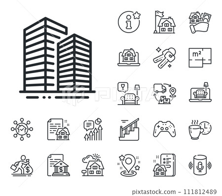 City architecture sign. Floor plan, stairs and lounge room outline icons. Skyscraper buildings line icon. Town symbol. Skyscraper buildings line sign. House mortgage, sell building icon. Vector City architecture sign. Floor plan, stairs and lounge room outline icons. Skyscraper buildings line icon. Town symbol. Skyscraper buildings line sign. House mortgage, sell building icon. Vector 111812489