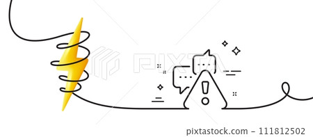 Warning line icon. Continuous one line with curl. Attention triangle sign. Caution alert symbol. Warning single outline ribbon. Loop curve with energy. Vector Warning line icon. Continuous one line with curl. Attention triangle sign. Caution alert symbol. Warning single outline ribbon. Loop curve with energy. Vector 111812502