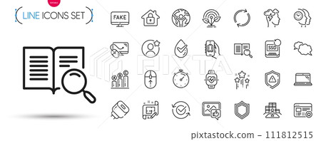 Pack of Stars, Recovery ssd and Timer line icons. Include Swipe up, Full rotation, Mindfulness stress pictogram icons. Time management, Graph chart, Architect plan signs. Security. Vector 111812515