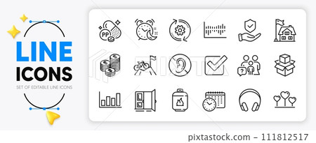 Headphones, Checkbox and Niacin line icons set for app include Love heart, No hearing, Packing boxes outline thin icon. Alarm, Calendar time, Cogwheel pictogram icon. Building. Vector 111812517