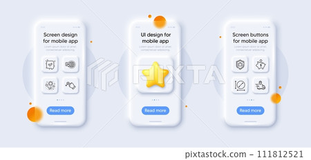 Piggy bank, Luggage protect and Drag drop line icons pack. 3d phone mockups with star. Glass smartphone screen. Fireworks, Delivery truck, 24h service web icon. Vector 111812521
