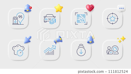 Video conference, Scroll down and Demand curve line icons. Buttons with 3d bell, chat speech, cursor. Pack of Qr code, Cooking timer, Buy car icon. Petrol station, Star target pictogram. Vector 111812524