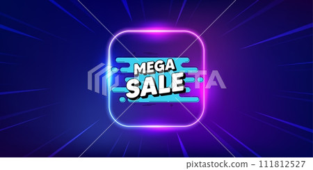 Mega sale badge banner. Neon light frame offer banner. Discount sticker shape. Coupon promo tag. Mega sale promo event flyer, poster. Sunburst neon coupon. Flash special deal. Vector 111812527