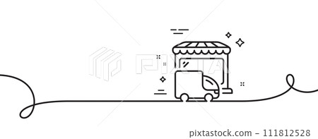 Delivery market line icon. Continuous one line with curl. Store transport sign. Retail marketplace symbol. Delivery truck single outline ribbon. Loop curve pattern. Vector 111812528