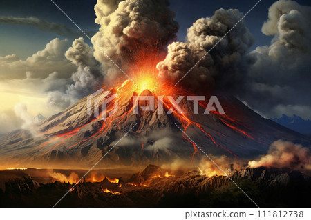 A majestic volcano spewing lava, dark plumes rising against a fiery sky. Generative AI. 111812738