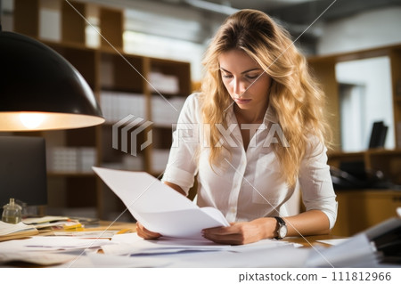 AI-generated content. Portrait of female accountant inspecting financial documents with precision at busy accounting firm 111812966