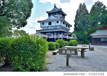 Suo Province: Iwakuni Castle's castle tower, stone wall, curved ring, and view in autumn 111813102