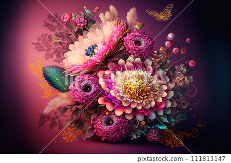 Flowers creative, artistic layout design. Nature concept. Valentine's day. Floral greeting card. Colorful spring flower background. Generative Ai Flowers creative, artistic layout design. Nature concept. Valentine's day. Floral greeting card. Colorful spring flower background. Generative Ai 111813147