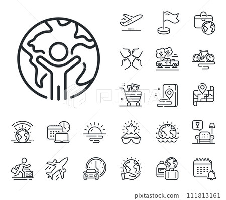 International outsourcing sign. Plane jet, travel map and baggage claim outline icons. Global business line icon. Internet marketing symbol. Global business line sign. Vector International outsourcing sign. Plane jet, travel map and baggage claim outline icons. Global business line icon. Internet marketing symbol. Global business line sign. Vector 111813161