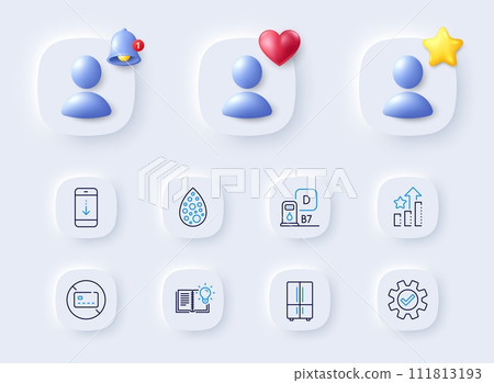 Product knowledge, Scroll down and Service line icons. Placeholder with 3d bell, star, heart. Pack of Refrigerator, Artificial colors, Ranking stars icon. No card, Diesel station pictogram. Vector Product knowledge, Scroll down and Service line icons. Placeholder with 3d bell, star, heart. Pack of Refrigerator, Artificial colors, Ranking stars icon. No card, Diesel station pictogram. Vector 111813193