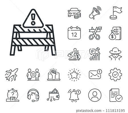Attention triangle sign. Salaryman, gender equality and alert bell outline icons. Warning road sign line icon. Caution alert symbol. Warning road line sign. Spy or profile placeholder icon. Vector 111813195