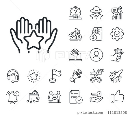 Holding star sign. Salaryman, gender equality and alert bell outline icons. Ranking line icon. Best rank symbol. Ranking line sign. Spy or profile placeholder icon. Online support, strike. Vector Holding star sign. Salaryman, gender equality and alert bell outline icons. Ranking line icon. Best rank symbol. Ranking line sign. Spy or profile placeholder icon. Online support, strike. Vector 111813208