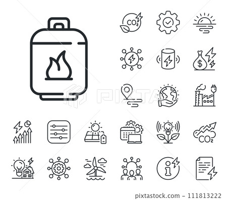 LPG fuel container sign. Energy, Co2 exhaust and solar panel outline icons. Gas cylinder line icon. Liquefied petroleum gas bottle symbol. Gas cylinder line sign. Vector LPG fuel container sign. Energy, Co2 exhaust and solar panel outline icons. Gas cylinder line icon. Liquefied petroleum gas bottle symbol. Gas cylinder line sign. Vector 111813222
