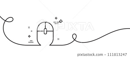 Computer Mouse icon. Continuous one line with curl. Internet surf device sign. PC equipment symbol. Computer Mouse single outline ribbon. Loop curve pattern. Vector 111813247