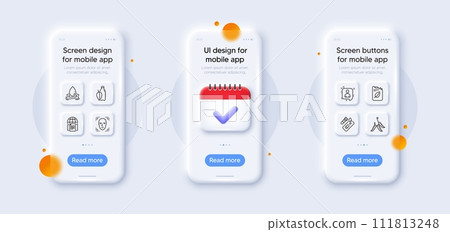 Developers chat, Covid test and Water splash line icons pack. 3d phone mockups with calendar. Glass smartphone screen. Canister, Face detection, Water bottle web icon. Vector 111813248