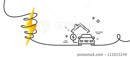 Charging station line icon. Continuous one line with curl. Home car charger sign. Electric power symbol. Home charging single outline ribbon. Loop curve with energy. Vector 111813249