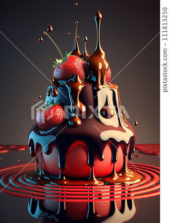 Cake with strawberries and melting chocolate. Generative Ai 111813250