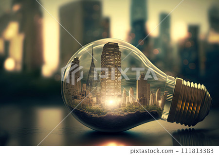 City inside a big lightbulb. Sustainable, green energy concept. Environment preservation. Generative AI City inside a big lightbulb. Sustainable, green energy concept. Environment preservation. Generative AI 111813383