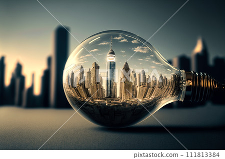 City inside a big lightbulb. Sustainable, green energy concept. Environment preservation. Generative AI City inside a big lightbulb. Sustainable, green energy concept. Environment preservation. Generative AI 111813384