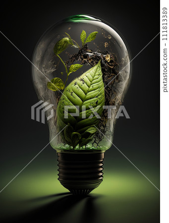 Plant growing inside a lightbulb. Green energy concept, planet preservation, rebewable energy. Generative AI 111813389