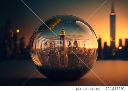 City inside a big lightbulb. Sustainable, green energy concept. Environment preservation. Generative AI 111813391