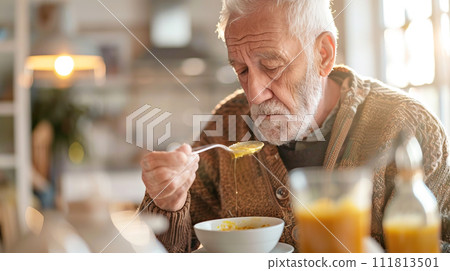 AI-generated content. A pensive elderly man with a white beard eats alone, holding spoon with a trembling hand. Sick lonely man with psychological illness 111813501